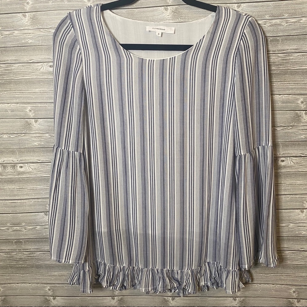 Olivaceous Striped Ruffle Bell Sleeve Top
